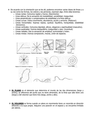  De acuerdo con la orientación que se les dé, podemos encontrar varias clases de líneas y a
  su vez como las formas, los...