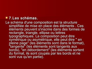 77..LLeess sscchhéémmaass.. 
LLee sscchhéémmaa dd''uunnee ccoommppoossiittiioonn eesstt llaa ssttrruuccttuurree 
ssiimmpplliiffiiééee ddee mmiissee eenn ppllaaccee ddeess éélléémmeennttss .. CCeess 
éélléémmeennttss ppeeuuvveenntt ss''iinnssccrriirree ddaannss ddeess ffoorrmmeess ddee 
rreeccttaannggllee,, ttrriiaannggllee,, eelllliippssee oouu lleettttrreess 
ttyyppooggrraapphhiiqquueess.. LLaa ccoommppoossiittiioonn ppeeuutt êêttrree 
ssyymmééttrriiqquuee oouu aassyymmééttrriiqquuee,, eellllee ppeeuutt êêttrree "" eenn 
pplleeiinnee ppaaggee"" ((lleess éélléémmeennttss ssoonntt ddaannss llee ffoorrmmaatt)),, 
""ttaannggeennttee"" ((lleess éélléémmeennttss ssoonntt ttaannggeennttss aauuxx 
bboorrddss)),, ""eenn ddéébboorrddeemmeenntt"" ((lleess éélléémmeennttss ssoorrtteenntt 
dduu ffoorrmmaatt,, iillss ssoonntt ccoouuppééss ppaarr lleess bboorrddss eett nnee 
ssoonntt vvuuss qquu''eenn ppaarrttiiee)).. 
 
