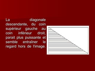 LLaa ddiiaaggoonnaallee 
ddeesscceennddaannttee,, dduu ccooiinn 
ssuuppéérriieeuurr ggaauucchhee aauu 
ccooiinn iinnfféérriieeuurr ddrrooiitt,, 
ppaarraaiitt pplluuss ppuuiissssaannttee eett 
sseemmbbllee eennttrraaîînneerr llee 
rreeggaarrdd hhoorrss ddee ll''iimmaaggee.. 
 