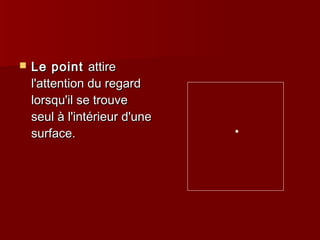  LLee ppooiinntt aattttiirree 
ll''aatttteennttiioonn dduu rreeggaarrdd 
lloorrssqquu''iill ssee ttrroouuvvee 
sseeuull àà ll''iinnttéérriieeuurr dd''uunnee 
ssuurrffaaccee.. 
 