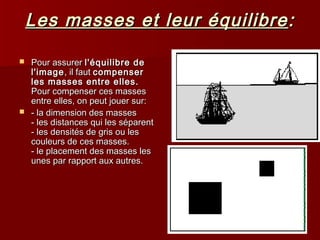 Les masses eett lleeuurr ééqquuiilliibbrree:: 
 PPoouurr aassssuurreerr ll''ééqquuiilliibbrree ddee 
ll''iimmaaggee,, iill ffaauutt ccoommppeennsseerr 
lleess mmaasssseess eennttrree eelllleess.. 
PPoouurr ccoommppeennsseerr cceess mmaasssseess 
eennttrree eelllleess,, oonn ppeeuutt jjoouueerr ssuurr:: 
 -- llaa ddiimmeennssiioonn ddeess mmaasssseess 
-- lleess ddiissttaanncceess qquuii lleess ssééppaarreenntt 
-- lleess ddeennssiittééss ddee ggrriiss oouu lleess 
ccoouulleeuurrss ddee cceess mmaasssseess.. 
-- llee ppllaacceemmeenntt ddeess mmaasssseess lleess 
uunneess ppaarr rraappppoorrtt aauuxx aauuttrreess.. 

