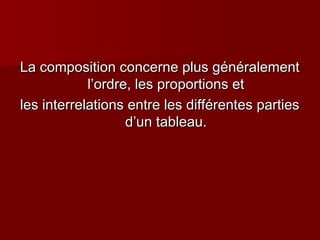 La ccoommppoossiittiioonn ccoonncceerrnnee pplluuss ggéénnéérraalleemmeenntt 
ll’’oorrddrree,, lleess pprrooppoorrttiioonnss eett 
lleess iinntteerrrreellaattiioonnss eennttrree lleess ddiifffféérreenntteess ppaarrttiieess 
dd’’uunn ttaabblleeaauu.. 
 