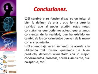 Periodos de CrecimientoEl cerebro sufre cambios muy relativos al ambiente en que la persona se encuentre, puede aumentar o disminuir su condición de brindar una mayor capacidad, al proceso del aprendizaje.