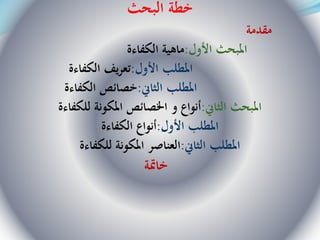 ‫البحث‬ ‫خطة‬
‫مقدمة‬
‫األول‬ ‫املبحث‬:‫الكفاءة‬ ‫ماهية‬
‫األول‬ ‫املطلب‬:‫الكفاءة‬ ‫يف‬‫ر‬‫تع‬
‫الثاين‬ ‫املطلب‬:‫الكفاءة‬ ‫خصائص‬
‫الثاين‬ ‫املبحث‬:‫للكفاءة‬ ‫املكونة‬ ‫اخلصائص‬ ‫و‬ ‫أنواع‬
‫األول‬ ‫املطلب‬:‫الكفاءة‬ ‫أنواع‬
‫الثاين‬ ‫املطلب‬:‫العناصر‬‫للكفاءة‬ ‫املكونة‬
‫خامتة‬
 