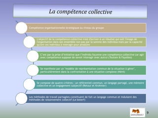 9 
Compétence organisationnelle stratégique au niveau du groupe 
L'objectif de la compétence collective n'est d'arriver à un résultat qui soit l'image de 
l'organisation dans son ensemble non pas par la somme des individus mais par la capacité 
qu'ont ces individus à interagir pour produire 
C’est par la prise d’initiative que l’individu façonne une compétence collective car agir 
avec compétence suppose de savoir interagir avec autrui (Toutain & Fayolles) 
Se manifeste par un "modèle de représentation commun de la situation à gérer", 
particulièrement dans la confrontation à une situation complexe (Néré) 
Se compose de quatre critères : un référentiel commun, un langage partagé, une mémoire 
collective et un engagement subjectif (Retour et Krohmer) 
Les méthodes de travail partagées constituent de fait un langage commun et induisent des 
méthodes de raisonnement collectif (Le boterf) 
 