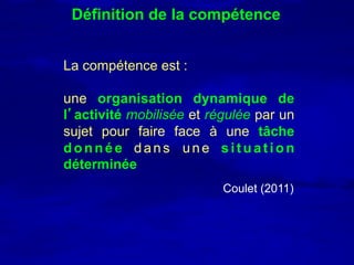 Définition de la compétence


La compétence est :

une organisation dynamique de
l’activité mobilisée et régulée par un
sujet pour faire face à une tâche
donnée dans une situation
déterminée
                          Coulet (2011)
 