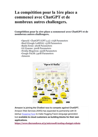 La compétition pour la 1ère place a
commencé avec ChatGPT et de
nombreux autres challengers.
Compétition pour la 1ère place a commencé avec ChatGPT et de
nombreux autres challengers.
-OpenAI -ChatGPT (GPT 3.5): 175B Parameters
-Bard (Google LaMDA): 137B Parameters
-Baidu Ernie: 260B Parameters
-LG Exaone: 300B Parameters
-Nvidia Megatron: 530B Parameters
-Google PaLM: 540B Parameters
-Amazon
Amazon is joining the Chatbot race to compete against ChatGPT.
Amazon Web Services (AWS) has expanded its partnership with AI
startup Hugging Face to make Hugging Face’s language generation
tool available to cloud customers as building blocks for their own
applications.
https://www.therundown.ai/p/microsoft-testing-chatgpt-robots
 