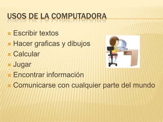 USOS DE LA COMPUTADORA

 Escribir textos
 Hacer graficas y dibujos

 Calcular

 Jugar

 Encontrar información

 Comunicarse con cualquier parte del mundo
 