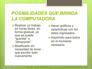 POSIBILIDADES QUE BRINDA
LA COMPUTADORA
 Realizar un trabajo
en horas libres, en
forma gradual, ya
que se puede
“guardar” o
“almacenar”.
 Modificarlo sin
necesidad de tener
que escribir todo
nuevamente.
 Hacer gráficos y
estadísticas con los
datos ingresados.
 Imprimirlo para todos
en el momento
necesario.
 