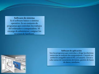 Software de sistema
   Es el software básico o sistema
    operativo. Es un conjunto de
programas que controlan los trabajos
  del ordenador o computadora. SE
 encarga de administrar y asignar los
        recursos de hardware.




                                                        Software de aplicación
                                        Son los programas que controlan y dirige las distintas
                                         tareas que se realizan las computadoras. Creando un
                                         ambiente amigable entre el PC y el usuario. Llevan a
                                        cabo tareas de tratamiento de textos, gestión de bases
                                                          de datos y similares.
 