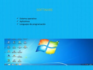 SOFTWARE
Sistema operativo
Aplicativos
Lenguajes de programación