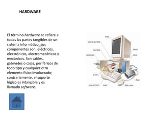 HARDWARE
El término hardware se refiere a
todas las partes tangibles de un
sistema informático; sus
componentes son: eléctricos,
electrónicos, electromecánicos y
mecánicos. Son cables,
gabinetes o cajas, periféricos de
todo tipo y cualquier otro
elemento físico involucrado;
contrariamente, el soporte
lógico es intangible y es
llamado software.
 
