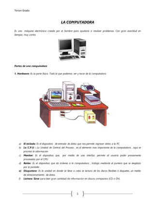 Tercer Grado
1
LA COMPUTADORA
Es una máquina electrónica creada por el hombre para ayudarlo a resolver problemas. Con gran exactitud en
tiempos muy cortos
Partes de una computadora
1. Hardware: Es la parte física. Todo lo que podemos ver y tocar de la computadora.
a) El teclado: Es el dispositivo de entrada de datos que nos permite ingresar datos a la PC
b) La C.P.U : La Unidad de Central del Proceso , es el elemento mas importante de la computadora , aquí se
procesa la información
c) Monitor: Es el dispositivo que, por medio de una interfaz, permite al usuario poder previamente
procesados por el CPU.
d) Ratón: Es el dispositivo que da órdenes a la computadora , trabaja mediante el puntero que se desplaza
por la pantalla .
e) Disquetera: Es la unidad en donde se lleva a cabo la lectura de los discos flexibles ó disquetes, un medio
de almacenamiento de datos.
f) Lectora: Sirve para leer gran cantidad de información en discos compactos (CD o DV).
 