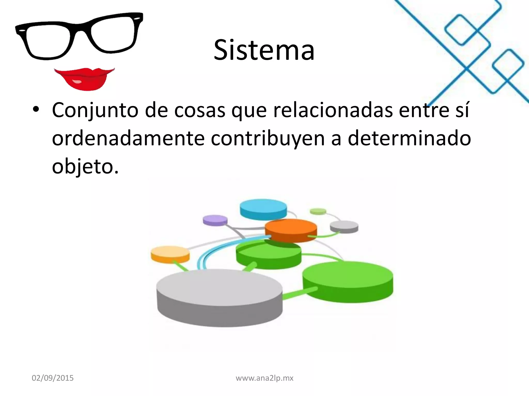 Sistema
• Conjunto de cosas que relacionadas entre sí
ordenadamente contribuyen a determinado
objeto.
02/09/2015 www.ana2lp.mx
 