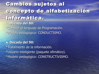 Cambios sujetos al concepto de alfabetización Informática. Década del 80: *Conocer el lenguaje de Programación. *Modelo pedagógico: CONDUCTISMO. Década del 90: *Tratamiento de la información. *Usuario inteligente (paquete ofimático). *Modelo pedagógico: CONSTRUCTIVISMO. 