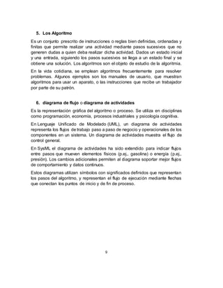 5. Los Algoritmo
Es un conjunto prescrito de instrucciones o reglas bien definidas, ordenadas y
finitas que permite realizar una actividad mediante pasos sucesivos que no
generen dudas a quien deba realizar dicha actividad. Dados un estado inicial
y una entrada, siguiendo los pasos sucesivos se llega a un estado final y se
obtiene una solución. Los algoritmos son el objeto de estudio de la algoritmia.
En la vida cotidiana, se emplean algoritmos frecuentemente para resolver
problemas. Algunos ejemplos son los manuales de usuario, que muestran
algoritmos para usar un aparato, o las instrucciones que recibe un trabajador
por parte de su patrón.
6. diagrama de flujo o diagrama de actividades
Es la representación gráfica del algoritmo o proceso. Se utiliza en disciplinas
como programación, economía, procesos industriales y psicología cognitiva.
En Lenguaje Unificado de Modelado (UML), un diagrama de actividades
representa los flujos de trabajo paso a paso de negocio y operacionales de los
componentes en un sistema. Un diagrama de actividades muestra el flujo de
control general.
En SysML el diagrama de actividades ha sido extendido para indicar flujos
entre pasos que mueven elementos físicos (p.ej., gasolina) o energía (p.ej.,
presión). Los cambios adicionales permiten al diagrama soportar mejor flujos
de comportamiento y datos continuos.
Estos diagramas utilizan símbolos con significados definidos que representan
los pasos del algoritmo, y representan el flujo de ejecución mediante flechas
que conectan los puntos de inicio y de fin de proceso.
9
 