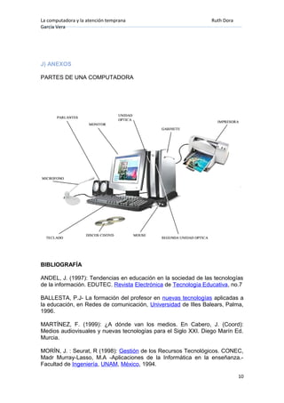 La computadora y la atención temprana Ruth Dora
García Vera
J) ANEXOS
PARTES DE UNA COMPUTADORA
BIBLIOGRAFÍA
ANDEL, J. (1997): Tendencias en educación en la sociedad de las tecnologías
de la información. EDUTEC. Revista Electrónica de Tecnología Educativa, no.7
BALLESTA, P.J- La formación del profesor en nuevas tecnologías aplicadas a
la educación, en Redes de comunicación, Universidad de Illes Balears, Palma,
1996.
MARTÍNEZ, F. (1999): ¿A dónde van los medios. En Cabero, J. (Coord):
Medios audiovisuales y nuevas tecnologías para el Siglo XXI. Diego Marín Ed.
Murcia.
MORÍN, J. : Seurat, R (1998): Gestión de los Recursos Tecnológicos. CONEC,
Madr Murray-Lasso, M.A -Aplicaciones de la Informática en la enseñanza.-
Facultad de Ingeniería, UNAM, México, 1994.
10
 