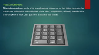 TECLAS NUMERICAS
El teclado numérico es similar al de una calculadora, dispone de los diez dígitos decimales, las
operaciones matemáticas más habituales (suma, resta, multiplicación y división) Además de la
tecla “Bloq Num” o “Num Lock” que activa o desactiva este teclado.
 
