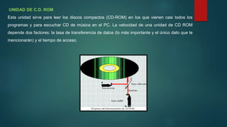 UNIDAD DE C.D. ROM
Esta unidad sirve para leer los discos compactos (CD-ROM) en los que vienen casi todos los
programas y para escuchar CD de música en el PC. La velocidad de una unidad de CD ROM
depende dos factores: la tasa de transferencia de datos (lo más importante y el único dato que le
mencionarán) y el tiempo de acceso.
 
