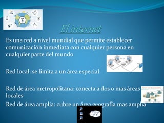 Es una red a nivel mundial que permite establecer
comunicación inmediata con cualquier persona en
cualquier parte del mundo
Red local: se limita a un área especial
Red de área metropolitana: conecta a dos o mas áreas
locales
Red de área amplia: cubre un área geografía mas amplia
 