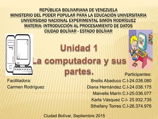 REPÚBLICA BOLIVARIANA DE VENEZUELA
MINISTERIO DEL PODER POPULAR PARA LA EDUCACIÓN UNIVERSITARIA
UNIVERSIDAD NACIONAL EXPERIMENTAL SIMÓN RODRÍGUEZ
MATERIA: INTRODUCCIÓN AL PROCESAMIENTO DE DATOS
CIUDAD BOLÍVAR - ESTADO BOLÍVAR
Participantes:
Breilis Abaduco C.I-24.038.080
Diana Hernández C.I-24.038.175
Maivelis Marín C.I-25.036.077
Karla Vásquez C.I- 25.932.735
Sthefany Torres C.I-26.374.976
Facilitadora:
Carmen Rodríguez
Ciudad Bolívar, Septiembre 2015
 