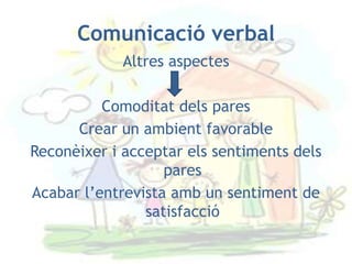 Comunicació verbal
             Altres aspectes

          Comoditat dels pares
      Crear un ambient favorable
Reconèixer i acceptar els sentiments dels
                   pares
Acabar l’entrevista amb un sentiment de
                satisfacció
 