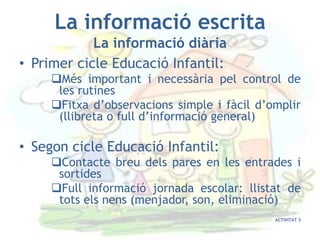 La informació escrita
            La informació diària
• Primer cicle Educació Infantil:
     Més important i necessària pel control de
      les rutines
     Fitxa d’observacions simple i fàcil d’omplir
      (llibreta o full d’informació general)

• Segon cicle Educació Infantil:
     Contacte breu dels pares en les entrades i
      sortides
     Full informació jornada escolar: llistat de
      tots els nens (menjador, son, eliminació)
                                             ACTIVITAT 3
 