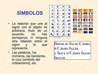 SÍMBOLOS
• La relación que une al
signo con el objeto es
arbitraria, fruto de un
acuerdo; no hay
semejanza ni ninguna
otra relación entre el
signo y lo que
representa.
• Las palabras, los
números, las banderas,
la cruz (símbolo del
cristianismo], etc.
 