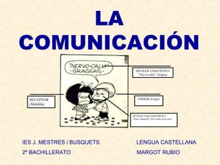 LA
COMUNICACIÓN
EMISOR (Felipe)RECEPTOR
(Mafalda)
MENSAJE LINGÜÍSTICO
"Nervo-calm". Grageas
MENSAJE PARALINGÜÍSTICO
"Estoy tranquilo" (Se le nota en la cara)
IES J. MESTRES i BUSQUETS LENGUA CASTELLANA
2º BACHILLERATO MARGOT RUBIO
 