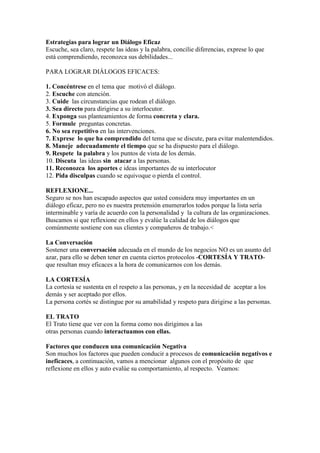 Estrategias para lograr un Diálogo Eficaz
Escuche, sea claro, respete las ideas y la palabra, concilie diferencias, exprese lo que
está comprendiendo, reconozca sus debilidades...

PARA LOGRAR DIÁLOGOS EFICACES:

1. Concéntrese en el tema que motivó el diálogo.
2. Escuche con atención.
3. Cuide las circunstancias que rodean el diálogo.
3. Sea directo para dirigirse a su interlocutor.
4. Exponga sus planteamientos de forma concreta y clara.
5. Formule preguntas concretas.
6. No sea repetitivo en las intervenciones.
7. Exprese lo que ha comprendido del tema que se discute, para evitar malentendidos.
8. Maneje adecuadamente el tiempo que se ha dispuesto para el diálogo.
9. Respete la palabra y los puntos de vista de los demás.
10. Discuta las ideas sin atacar a las personas.
11. Reconozca los aportes e ideas importantes de su interlocutor
12. Pida disculpas cuando se equivoque o pierda el control.

REFLEXIONE...
Seguro se nos han escapado aspectos que usted considera muy importantes en un
diálogo eficaz, pero no es nuestra pretensión enumerarlos todos porque la lista sería
interminable y varía de acuerdo con la personalidad y la cultura de las organizaciones.
Buscamos si que reflexione en ellos y evalúe la calidad de los diálogos que
comúnmente sostiene con sus clientes y compañeros de trabajo.<

La Conversación
Sostener una conversación adecuada en el mundo de los negocios NO es un asunto del
azar, para ello se deben tener en cuenta ciertos protocolos -CORTESÍA Y TRATO-
que resultan muy eficaces a la hora de comunicarnos con los demás.

LA CORTESÍA
La cortesía se sustenta en el respeto a las personas, y en la necesidad de aceptar a los
demás y ser aceptado por ellos.
La persona cortés se distingue por su amabilidad y respeto para dirigirse a las personas.

EL TRATO
El Trato tiene que ver con la forma como nos dirigimos a las
otras personas cuando interactuamos con ellas.

Factores que conducen una comunicación Negativa
Son muchos los factores que pueden conducir a procesos de comunicación negativos e
ineficaces, a continuación, vamos a mencionar algunos con el propósito de que
reflexione en ellos y auto evalúe su comportamiento, al respecto. Veamos:
 