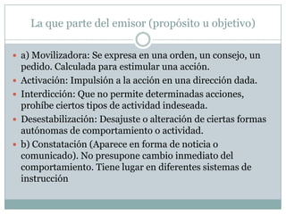 La que parte del emisor (propósito u objetivo)

 a) Movilizadora: Se expresa en una orden, un consejo, un
    pedido. Calculada para estimular una acción.
   Activación: Impulsión a la acción en una dirección dada.
   Interdicción: Que no permite determinadas acciones,
    prohíbe ciertos tipos de actividad indeseada.
   Desestabilización: Desajuste o alteración de ciertas formas
    autónomas de comportamiento o actividad.
   b) Constatación (Aparece en forma de noticia o
    comunicado). No presupone cambio inmediato del
    comportamiento. Tiene lugar en diferentes sistemas de
    instrucción
 