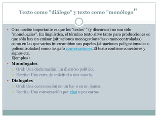 Texto como "diálogo" y texto como "monólogo"


 Otra noción importante es que los "textos´" (y discursos) no son sólo
  "monologales". En lingüística, el término texto sirve tanto para producciones en
  que sólo hay un emisor (situaciones monogestionadas o monocontroladas)
  como en las que varios intercambian sus papeles (situaciones poligestionadas o
  policontroladas) como las gafo conversaciones.El texto contiene conectores y
  signos etc.
  Ejemplos :
 Monologales
   Oral: Una declamación, un discurso político.

   Escrita: Una carta de solicitud o una novela.

 Dialogales
   Oral: Una conversación en un bar o en un banco.

   Escrita: Una conversación por chat o por cartas
 