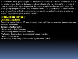 El contexto histórico que dio origen a la Revolución Francesa fue particular e irrepetible ya que
fue una sumatoria de elementos que permitieron el desarrollo específico de tales eventos. El
contexto social, político y hasta personal de un artista también influyen en gran modo en el
estilo que aquella persona toma para realizar sus obras. Así, contextualizar se transforma en el
acto claro de ubicar un fenómeno, un evento, un objeto o una obra humana en un entorno
específico y particular que lo justifica y explica.
Producción textual:
Unidad de Competencia
Comunicar ideas utilizando diferentes tipos de texto según las necesidades y requerimientos de
los temas presentados.
Conocimientos Esenciales:
* Partes básicas de la Gramática
* Planeación para la elaboración de textos
* Aplicación de estructuras textuales según requerimientos
* Producción de Textos
* Evaluación, corrección y verificación de la producción textual
 
