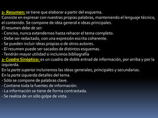 2- Resumen: se tiene que elaborar a partir del esquema.
Consiste en expresar con nuestras propias palabras, manteniendo el lenguaje técnico,
el contenido. Se compone de idea general e ideas principales.
El resumen debe de ser:
- Conciso, nunca extendernos hasta rehacer el tema completo.
- Debe ser redactado, con una expresión escrita coherente.
- Se pueden incluir ideas propias o de otros autores.
- El resumen puede ser sacados de distintos esquemas.
- Tendrán mayor utilidad si incluimos bibliografía
3- Cuadro Sinóptico: es un cuadro de doble entrad de información, por arriba y por la
izquierda.
En la parte superior incluiremos las ideas generales, principales y secundarias.
En la parte izquierda detalles del tema.
- Sólo se compone de palabras clave.
- Contiene toda la fuentes de información.
- La información se tiene de forma contrastada.
- Se realiza de un sólo golpe de vista.
 
