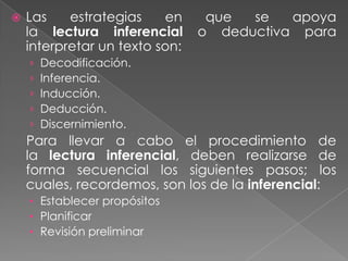    Las    estrategias    en     que  se   apoya
    la lectura inferencial      o deductiva para
    interpretar un texto son:
    ›   Decodificación.
    ›   Inferencia.
    ›   Inducción.
    ›   Deducción.
    ›   Discernimiento.
    Para llevar a cabo el procedimiento de
    la lectura inferencial, deben realizarse de
    forma secuencial los siguientes pasos; los
    cuales, recordemos, son los de la inferencial:
    • Establecer propósitos
    • Planificar
    • Revisión preliminar
 