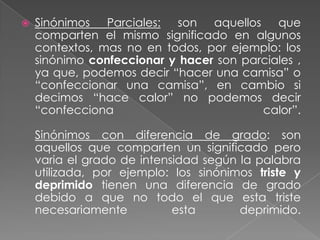    Sinónimos Parciales: son aquellos que
    comparten el mismo significado en algunos
    contextos, mas no en todos, por ejemplo: los
    sinónimo confeccionar y hacer son parciales ,
    ya que, podemos decir ―hacer una camisa‖ o
    ―confeccionar una camisa‖, en cambio si
    decimos ―hace calor‖ no podemos decir
    ―confecciona                         calor‖.

    Sinónimos con diferencia de grado: son
    aquellos que comparten un significado pero
    varia el grado de intensidad según la palabra
    utilizada, por ejemplo: los sinónimos triste y
    deprimido tienen una diferencia de grado
    debido a que no todo el que esta triste
    necesariamente          esta       deprimido.
 