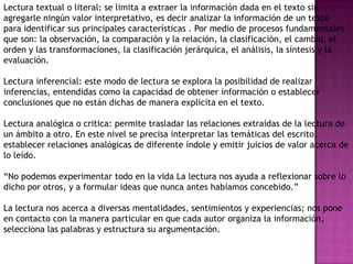 Lectura textual o literal: se limita a extraer la información dada en el texto sin
agregarle ningún valor interpretativo, es decir analizar la información de un texto
para identificar sus principales características . Por medio de procesos fundamentales
que son: la observación, la comparación y la relación, la clasificación, el cambio, el
orden y las transformaciones, la clasificación jerárquica, el análisis, la síntesis y la
evaluación.

Lectura inferencial: este modo de lectura se explora la posibilidad de realizar
inferencias, entendidas como la capacidad de obtener información o establecer
conclusiones que no están dichas de manera explicita en el texto.

Lectura analógica o critica: permite trasladar las relaciones extraídas de la lectura de
un ámbito a otro. En este nivel se precisa interpretar las temáticas del escrito,
establecer relaciones analógicas de diferente índole y emitir juicios de valor acerca de
lo leído.

―No podemos experimentar todo en la vida La lectura nos ayuda a reflexionar sobre lo
dicho por otros, y a formular ideas que nunca antes habíamos concebido.‖

La lectura nos acerca a diversas mentalidades, sentimientos y experiencias; nos pone
en contacto con la manera particular en que cada autor organiza la información,
selecciona las palabras y estructura su argumentación.
 