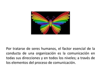 Por tratarse de seres humanos, el factor esencial de la
conducta de una organización es la comunicación en
todas sus direcciones y en todos los niveles; a través de
los elementos del proceso de comunicación.
 