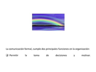 La comunicación formal, cumple dos principales funciones en la organización:

 Permitir       la      toma       de       decisiones      y      motivar.
 