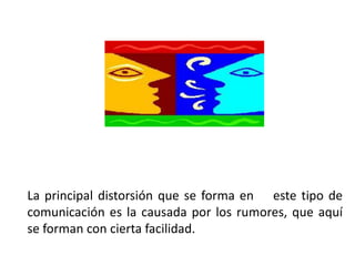 La principal distorsión que se forma en este tipo de
comunicación es la causada por los rumores, que aquí
se forman con cierta facilidad.
 