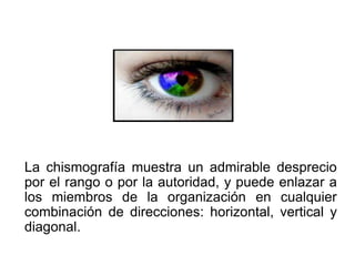 La chismografía muestra un admirable desprecio
por el rango o por la autoridad, y puede enlazar a
los miembros de la organización en cualquier
combinación de direcciones: horizontal, vertical y
diagonal.
 