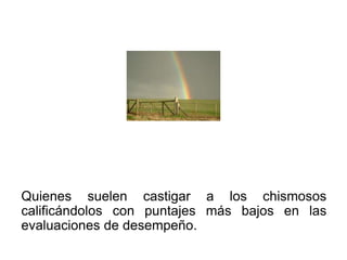 Quienes suelen castigar a los chismosos
calificándolos con puntajes más bajos en las
evaluaciones de desempeño.
 