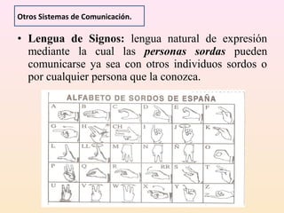 Otros Sistemas de Comunicación.

• Lengua de Signos: lengua natural de expresión
  mediante la cual las personas sordas pueden
  comunicarse ya sea con otros individuos sordos o
  por cualquier persona que la conozca.
 