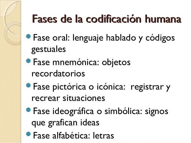 Fases de la codificación humana
Fase

oral: lenguaje hablado y códigos
gestuales
Fase mnemónica: objetos
recordatorios
...