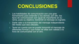 CONCLUSIONES
1. Las habilidades de comunicación son una gran
herramienta para entender a los demás; por ello, los
tipos de comunicación son igual de importante en su
rama, pues su objetivo; transmitir el mensaje es logrado.
2. Darle valor a la transmisión del mensaje independiente
del medio que sea utilizado.
3. Tener en cuenta que se puede transmitir el mensaje de
diferentes formas y que todas de ellas son validas a la
hora de comunicarse con el otro.
 