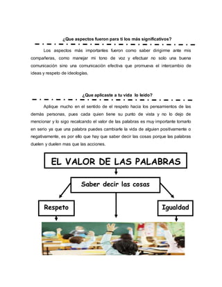 ¿Que aspectos fueron para ti los más significativos?
Los aspectos más importantes fueron como saber dirigirme ante mis
compañeras, como manejar mi tono de voz y efectuar no solo una buena
comunicación sino una comunicación efectiva que promueva el intercambio de
ideas y respeto de ideologías.
¿Que aplicaste a tu vida lo leído?
Aplique mucho en el sentido de el respeto hacia los pensamientos de las
demás personas, pues cada quien tiene su punto de vista y no lo dejo de
mencionar y lo sigo recalcando el valor de las palabras es muy importante tomarlo
en serio ya que una palabra puedes cambiarle la vida de alguien positivamente o
negativamente, es por ello que hay que saber decir las cosas porque las palabras
duelen y duelen mas que las acciones.
EL VALOR DE LAS PALABRAS
Saber decir las cosas
Respeto Igualdad
 