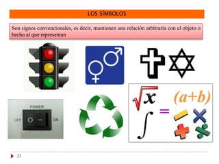 LOS SÍMBOLOS
Son signos convencionales, es decir, mantienen una relación arbitraria con el objeto o
hecho al que representan
21
 