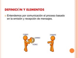 DEFINICIÓN Y ELEMENTOS 
 Entendemos por comunicación el proceso basado 
en la emisión y recepción de mensajes. 
 