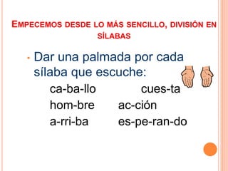 EMPECEMOS DESDE LO MÁS SENCILLO, DIVISIÓN EN 
SÍLABAS 
• Dar una palmada por cada 
sílaba que escuche: 
ca-ba-llo cues-ta 
hom-bre ac-ción 
a-rri-ba es-pe-ran-do 
 