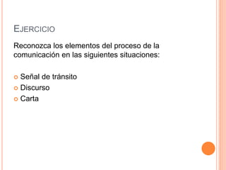 EJERCICIO 
Reconozca los elementos del proceso de la 
comunicación en las siguientes situaciones: 
 Señal de tránsito 
 Discurso 
 Carta 
 